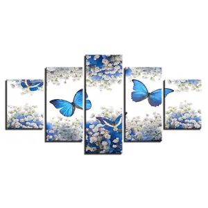 5 Panel Leinwand Wand kunst benutzer definierte Dekor Malerei Wand kunst Farbe auf Leinwand blauen Schmetterling abstrakte Gemälde Poster