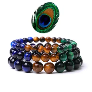 Piedra Natural semipreciosa azul amarillo Ojo de Tigre curación pluma de pavo real diseño pulsera de cuentas de piedras preciosas para Mujeres Hombres