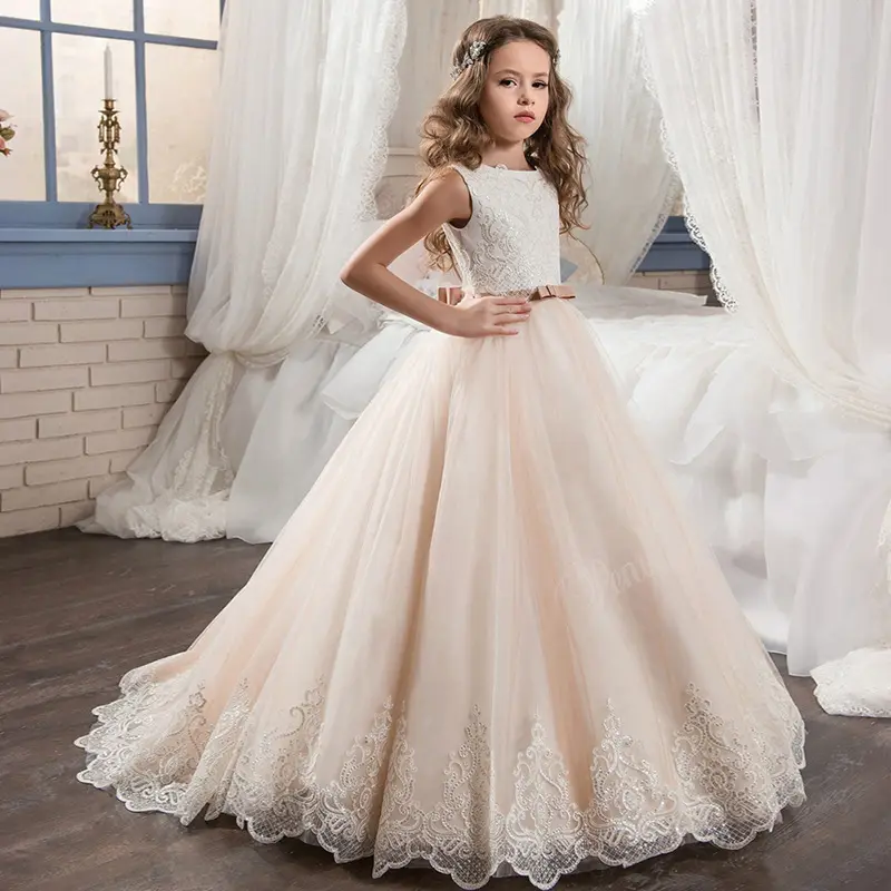 Lace Tulle Flower Girl Dress Bows Back Girls First Communion Gowns Princess Ball Gown Kids Wedding Party Dress