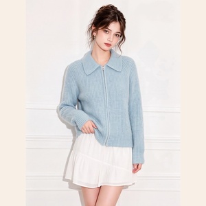 <span class=keywords><strong>Cardigan</strong></span> Blu Casual in Stile Francese per Donne, Lavorato a Maglia, Maniche Lunghe, Chiusura con Cerniera, Colletto Rovesciato e Motivo Tinta Unita - Product Image 2
