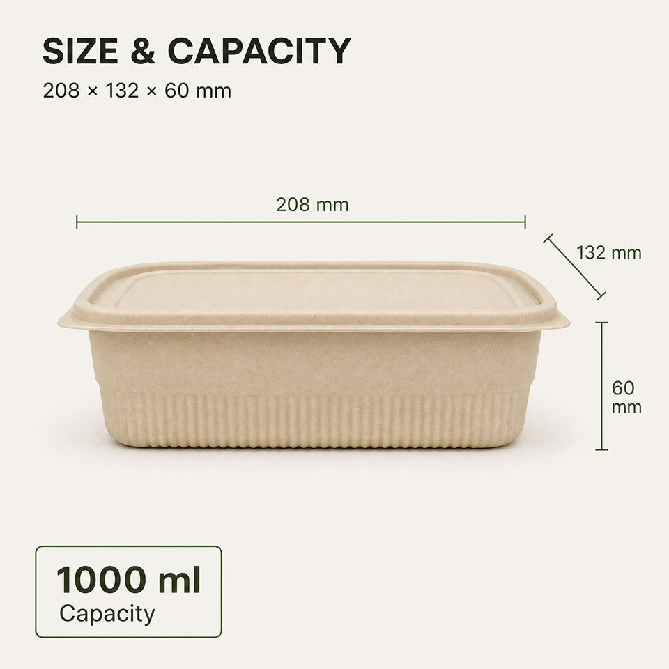 1000ml Square Bamboo Fiber Lunch Box 208x132x60mm Eco Friendly Bio ...