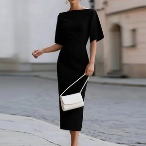Elegante <span class=keywords><strong>Abito</strong></span> Midi con <span class=keywords><strong>Scollo</strong></span> <span class=keywords><strong>a</strong></span> Barchetta e Maniche <span class=keywords><strong>a</strong></span> Pipistrello in Raso Tinta Unita, Vestito Aderente per Occasioni Formali, Matrimoni, Serate e Feste - Product Image 6