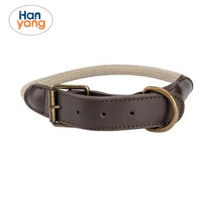 HanYang OEM Custom Durable Pets Country Dog Rope Collar Braided Cotton and Rolled Leather Dog Collar For Medium Dogs