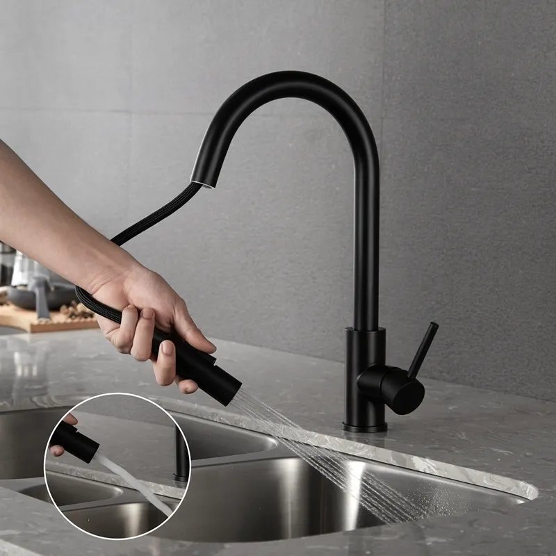304 paslanmaz çelik sıcak ve soğuk su için esnek hortumlar tek kolu pull-out mutfak musluk ve evye musluğu tarafından siyah renk