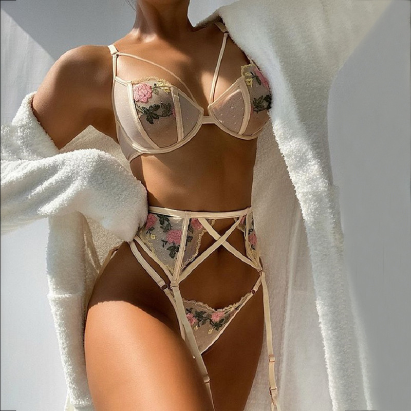 Women Satin Underwire Bra Sexy 3 piece lingerie set Embroidery Lace Mesh Sexy Lingerie Thin transparent sexy bra set underwea