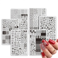 Plaque de tamponnage pour nail art, série Noël, motif élan et sapin à carreaux, pour transfert de gel et impression