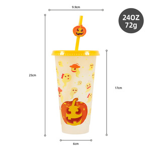 Vaso de Plástico Termocrómico con Cambio de Color de Calabaza de Halloween, Juego de 3 Vasos Novedosos con Pajita - Product Image 3