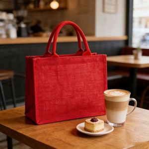 Reusable Natural Jute <b>Red</b> Handle Blank Linen Shopping Tote for Custom Logo Advertising Gift Bag - Product Image 1