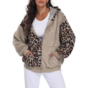 FOXA Sweat à capuche zippé en sherpa duveteux pour femme, veste d'hiver confortable à blocs de couleur avec poches et manches tombantes - Product Image 1