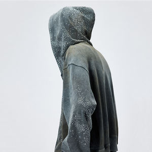 Sweat-shirt à capuche zippé pour homme, style streetwear, en molleton français 500 g/m², 100 % coton, broderie personnalisée, strass, délavage acide, coupe ample, automne - Product Image 4