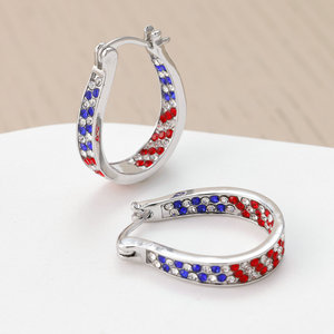 Orecchini a Cerchio Ovali Placcati Argento Americano con Zirconia Cubica Sfumata Rosso Bianco Blu, Gioielli per Uso Quotidiano e Feste - Product Image 4