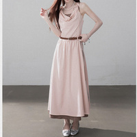 Robe longue évasée décontractée pour femme, col bénitier double couche, avec ceinture tissée cintrée à la taille, idéale pour les vacances