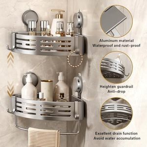 Paquete de 2 estantes de ducha de esquina gris, ventosa, estante de ducha sin perforación, organizador de baño, barra de toalla adhesiva, ganchos, rieles - Product Image 3
