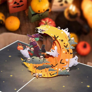 Tarjeta de Felicitación de Papel con Relieve 3D de Alta Calidad con Ilustración de Fantasía de Bruja Montando una Escoba, Luna Creciente, Gato Negro y Fantasma de Halloween - Product Image 1