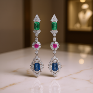 Orecchini Pendenti di Lusso in Oro Bianco con Zaffiri e Diamanti Taglio Smeraldo, Design Geometrico per Gioielli da Sposa - Product Image 2