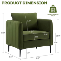 Fauteuil d'appoint moderne en velours vert, canapé simple rembourré avec pieds en métal doré pour salon