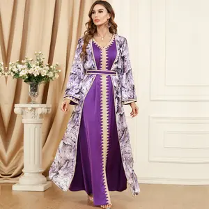 Manufacture Eid 2 Piece Set Purple Women Abaya Muslim Dresses Elegant Floral Abaya Women Muslim Dress Egypt