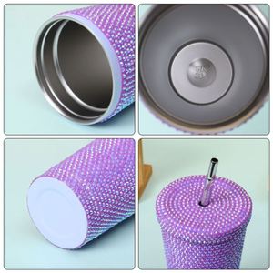 Gobelet isotherme personnalisé en acier inoxydable de 500 ml et 750 ml, avec strass effet diamant, couvercle et paille, idéal pour la gym - Product Image 5