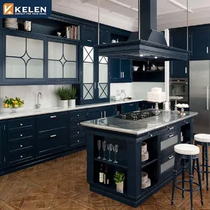 Kelen 2024 kitchen cabinet designs luxury blue lacquer door shaker style wooden pine Furniture Solid Wood rosewood kitchen cabin