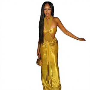 Nuevo Vestido Maxi Metálico Sólido con Cuello Halter y Aberturas para Mujer CX7666, con Abertura Alta, Fruncido y Pedrería, Estilo Bodycon, para Fiesta de Noche, Colección 2026 de Fábrica - Product Image 3