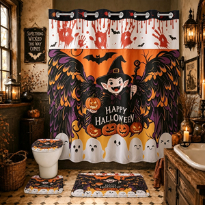 Set <span class=keywords><strong>Bagno</strong></span> Halloween 4 Pezzi: Tenda Doccia con Tappetino, Copri WC, Design Vampiro e Zucca, Impermeabile per Feste e Decorazioni Casa - Product Image 1