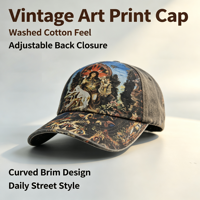 Casquette de baseball en coton lavé vintage style street art, avec impression intégrale de peinture à l'huile classique, effet vieilli et bords effilochés
