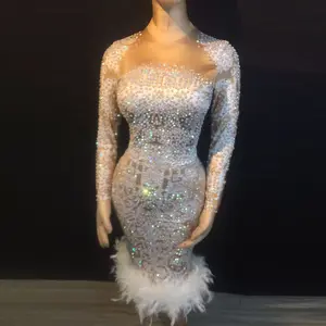 Novance Y1043 donne vedono attraverso le piume strass Bodycon abbigliamento da Club abiti da sera che mostrano costumi da ballo Sexy abito da <span class=keywords><strong>compleanno</strong></span> - Product Image 1