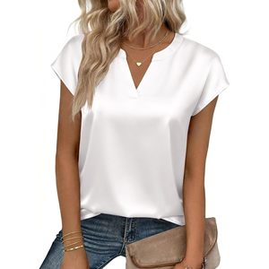 Chemisier en satin de soie pour femme, col en V, manches courtes, style professionnel décontracté, printemps-été - Product Image 2