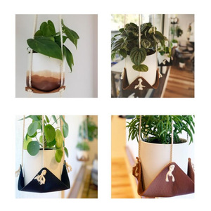 Leather planter hanging <b>basket</b> with mesh bag, hanging <b>basket</b> with rope, decorative potted <b>plants</b>, Bohemian style. - Product Image 5
