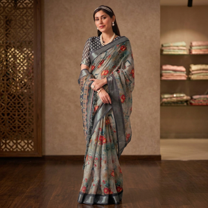 Sari de Lino y Seda Gris Elegante al por Mayor, Lujoso con Estampado Floral Digital, Traje Tradicional Indio con Borde Zari y Patrones Contrastantes - Product Image 1