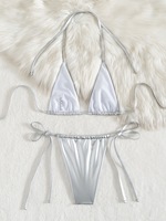 Luxe deux pièces maillots de bain argent PU cuir tissu Mini string maillots de bain femmes Bikini Sexy sans rembourrage