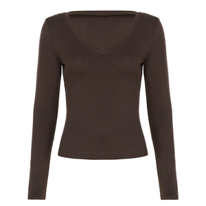 Camiseta de manga larga con cuello en V y corte ajustado para mujer, camiseta básica corta con detalle de punto acanalado, top informal para otoño - Product Image 6