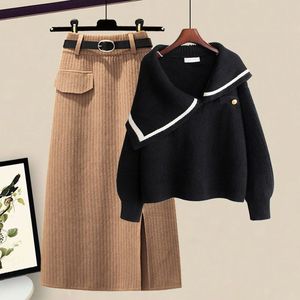 Grande taille automne costume <span class=keywords><strong>col</strong></span> <span class=keywords><strong>roulé</strong></span> couleur bloc <span class=keywords><strong>pull</strong></span> ourlet fendu tricoté jupe deux pièces ensemble mode pour les femmes - Product Image 2