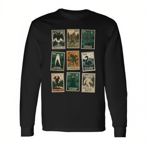 Cryptid Monster Stamps Camiseta de manga larga unisex para adultos talla mediana diseño negro - Product Image 2