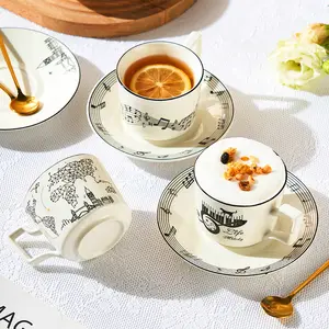 Solhui Nordic Keramik Musik Kaffeetasse und Untertasse Set Schwarz-Weiß-Blume Tee Latte Tasse