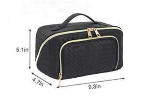 Bolsa de cosméticos trenzada de cuero resistente al agua, cierre de cremallera, tejido portátil, viaje de cuero para neceser, estuche de maquillaje plano - Product Image 2