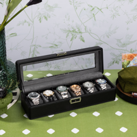 Boîte à montres de luxe en cuir PU à 6 emplacements avec fenêtre transparente, étui de présentation de montres, organisateur personnalisé avec logo pour la vente en gros