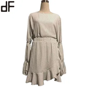 2023 New Design Round Neck Long Blouse Ruffle Wrap Dress Skirt Black And White Polka Dot Dress Print Summer Casual Dress