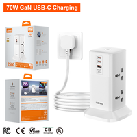 LDNIO SC4383-1 Harga Terjangkau GaN Tower Power Strip 2500W 4 Stopkontak AC Universal USB C 70W PD Pengisian Cepat Soket Ekstensi Kabel 2m