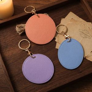 Smooth Cross Texture Key Pendant Blank Key Holder <b>Keyring</b> Round PU Leather Keychain for DIY Craft Birthday Gift - Product Image 3