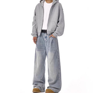 Alta qualità cotone 100% 14 oz Denim <span class=keywords><strong>Jeans</strong></span> larghi per gli uomini su misura luce blu acido lavato dritto allentato Hip Hop per l'autunno - Product Image 4