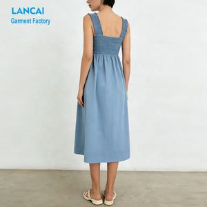 Fournisseur Vérifié Fabricant de Vêtements Robe Midi Premium en Popeline de Coton Personnalisée avec Corsage Froncé et Encolure Cœur pour Femme - Product Image 3