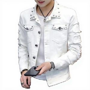 Veste en jean blanche pour homme, boutonnée, déchirée, délavée, couleur unie, coupe classique, pour l'automne - Product Image 5