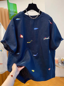 Nuova moda estiva girocollo in <span class=keywords><strong>lino</strong></span> ricamato a maniche corte ampia <span class=keywords><strong>t</strong></span>-<span class=keywords><strong>shirt</strong></span> da <span class=keywords><strong>donna</strong></span> - Product Image 4