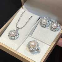 Ensemble de 3 pièces Sunflower, collier, boucles d'oreilles et bague en perles d'eau douce de haute qualité 9-10 mm - Bijoux fins, neufs et élégants