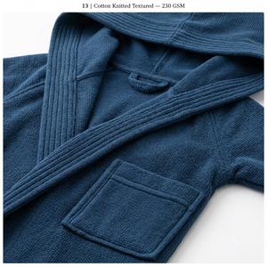Bata con Capucha de Algodón Tejido Azul Marino para Hombre, 230 GSM, Ropa de Estar por Casa Texturizada - Product Image 6
