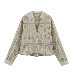 Blusa Bohemia de Lino para Mujer con Bordado Floral, Cuello Mandarín, Manga Larga, Corte Holgado, Cierre de Botones - Product Image 1