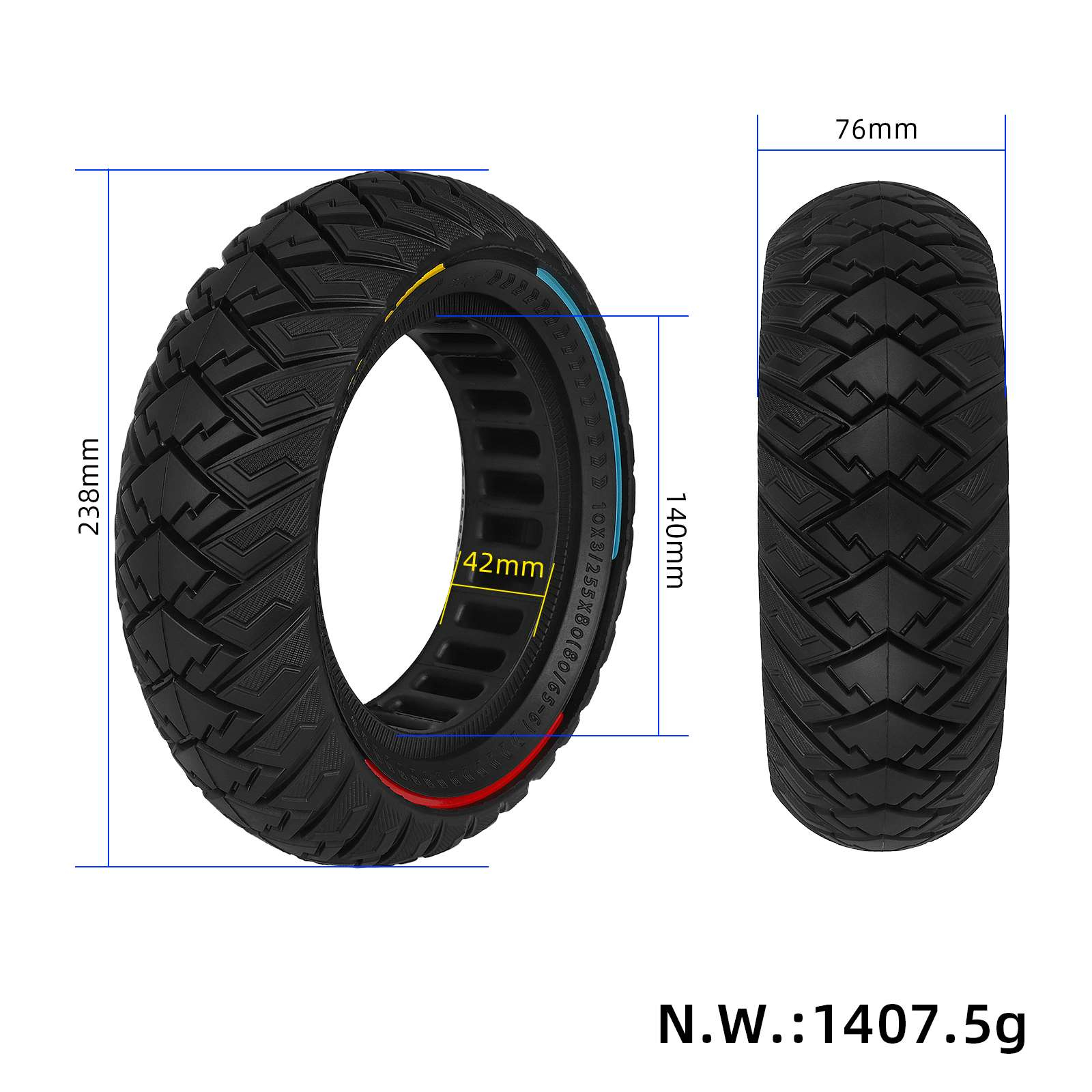 Pneu plein Ulip 10*3/255*80 (80/65-6) tricolore