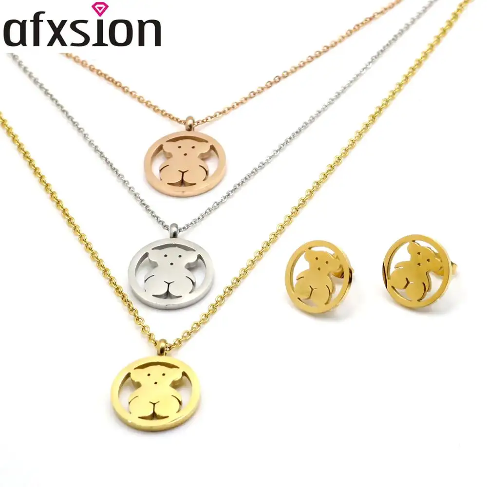 AFXSION 2019 South American Hot Jewelry Bear necklace earrings Stainless steel jewelry set women