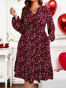 Long Sleeve Midi Dress - Burgundy Elegant A-Line